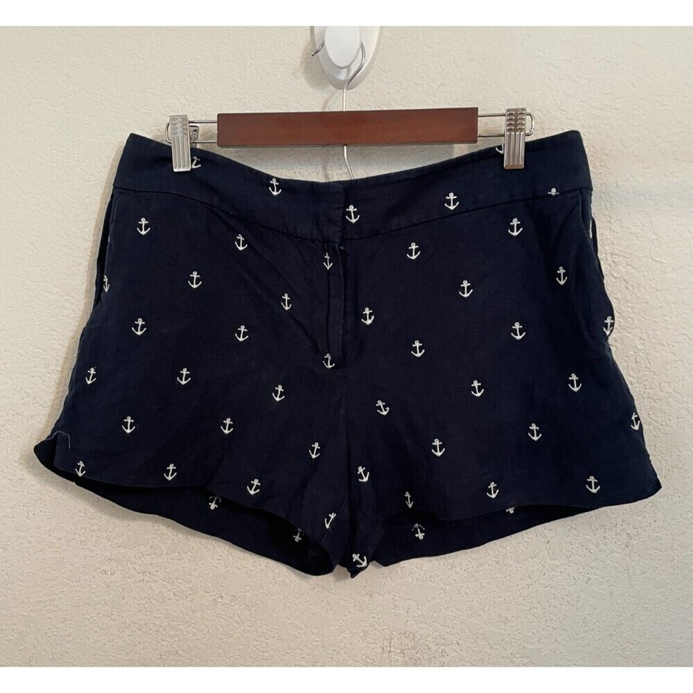 LOFT Women’s Shorts Size 8 Navy Blue Anchor Embroidered Linen Blend Nautical